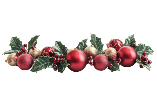 Festive christmas garland with red baubles and holly leaves isolated on transparent background. Christmas decoration with holly and berries isolated on white background.