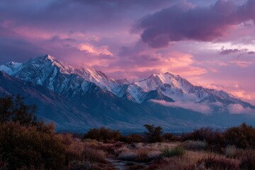 Fototapeta premium Breathtaking sunset reflects on majestic mountain range with dramatic pink and purple clouds in a peaceful evening landscape