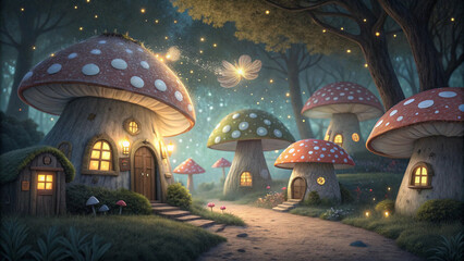 Mushroom house village fantasy forest landscape magical fairy tale homes whimsical woodland scene glowing lights art