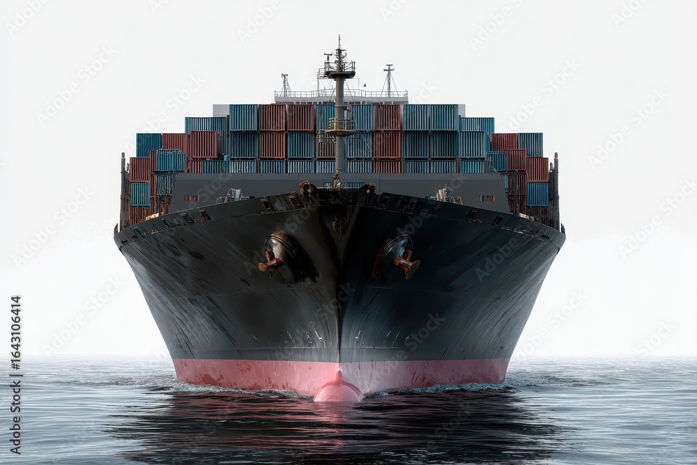 Poster cargo container ship navigating waters while carrying numerous freight containers in a front view ag