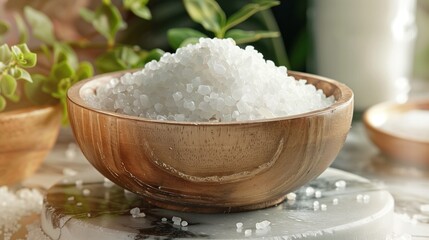 A wooden bowl overflowing with coarse white salt crystals, set on a marble surface, surrounded by green leaves, creating a natural and rustic composition.