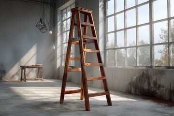 Ladder construction equipment positioned in an empty industrial room with large windows and natural light illuminating the space