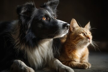 Obraz premium Border collie and tabby cat relaxing together in a cozy indoor space at twilight