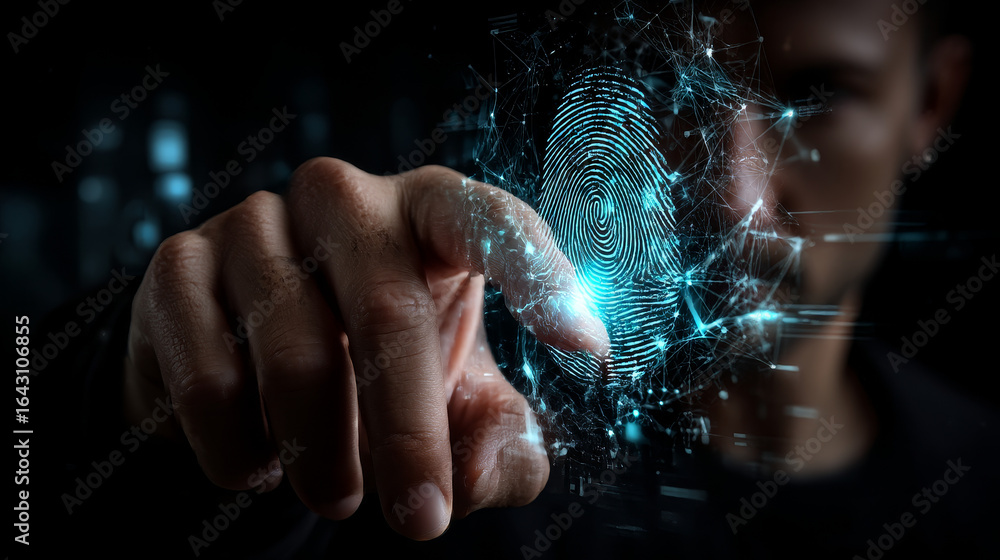 Aufkleber hand touching global network connection and biometric authentication systems, access biometric ident