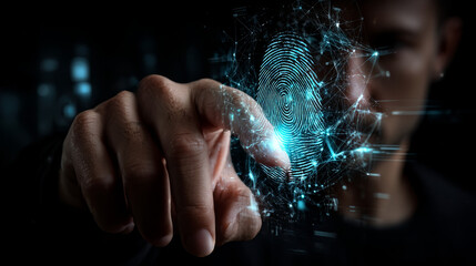 Hand touching global network connection and biometric authentication systems, access biometric identification, biometric verification technologies for enhanced biometric security in a connected world.