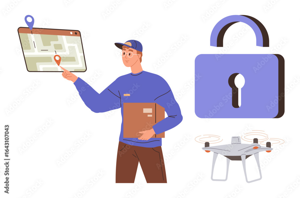 Aufkleber courier with parcel interacts with digital map for location selection. nearby, a drone and lock emph