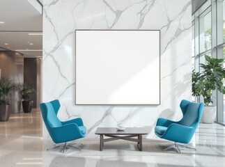 Modern lobby with blank canvas, stylish seating and marble wall.