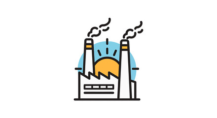 Flat-design illustration of a factory with two smokestacks at sunrise, conveying a productive industrial mood against a white background.