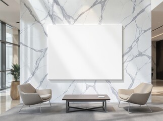 Modern lobby features marble wall, seating area, and blank display.