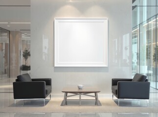 Modern lobby with blank canvas, chairs and a coffee table.