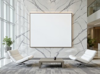 Modern lobby with marble wall, blank display and stylish seating.