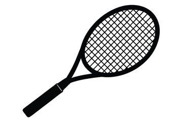 An isolated black tennis racket is placed on a clear white surface right now