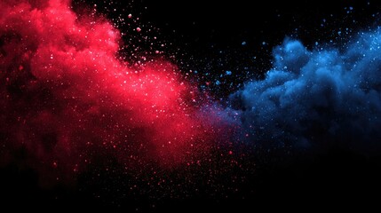 Red and blue powder clouds explode against black