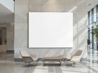 Blank advertising space in modern lobby with seating area.