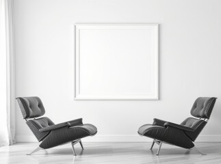 Minimalist living room with empty frame and modern armchairs.