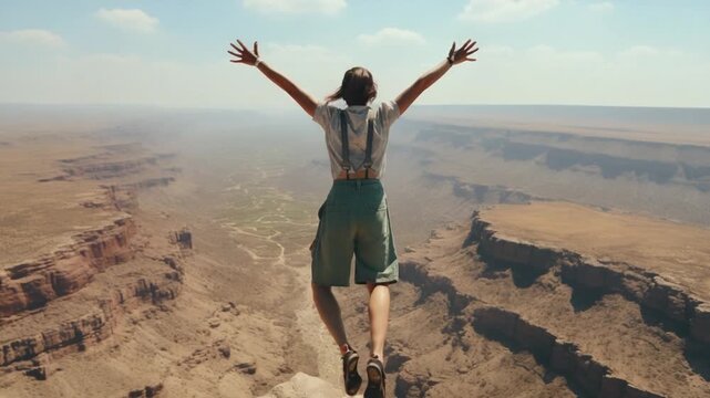 A person joyfully jumps from a cliff edge, arms outstretched, overlooking a vast desert canyon. The bright sun highlights the rocky landscape and deep valleys below