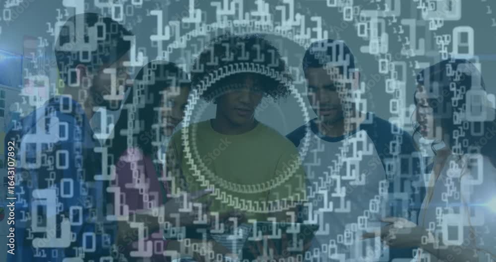 Poster colleagues tapping tablet causing binary digits to form rotating 3d data rings for tech insight