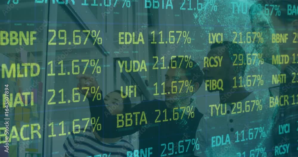 Poster man in dark sweater pointing at clear display colleagues watching percentages updating for business