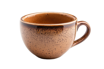Rustic brown ceramic coffee mug with speckled texture isolated on transparent background. Cup of cappuccino isolated on white background.