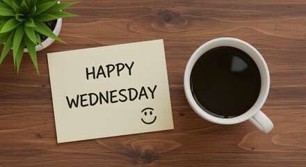 Happy Wednesday Note with Coffee Cup on Wooden Table, Morning Motivation Concept