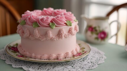 Delicious Pink Rose Decorated Cake on a Lace Platter Surrounded by Elegant Table Setting Perfect for Celebrations and Gatherings