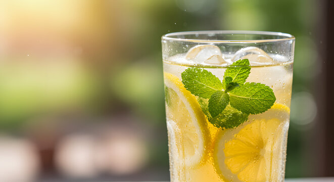 Refreshing lemonade with lemon slices and mint sprig under golden sunlight near a green blurred backdrop conveys a