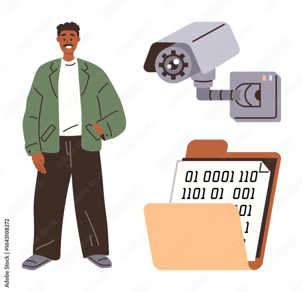 Poster man in casual attire stands near a folder containing binary code and a mounted security camera. idea
