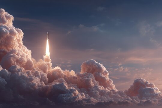 Rocket soars into vibrant clouds against a twilight sky as it ascends toward the atmosphere, showcasing human ingenuity and ambition in space exploration