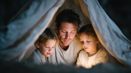 Parents watch their children as they play with flashlights inside a cozy indoor tent fort, creating a warm and fun atmosphere for family bonding