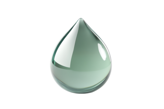 Green glass teardrop shape isolated on transparent background. Drop of water isolated on white background, 3d rendering.