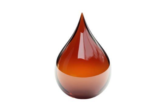 Amber colored liquid drop isolated on transparent background. Drop of water isolated on white background, 3d rendering.