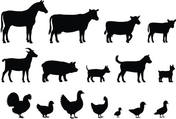 Farm animal silhouette vector set with horse, cow, goat, pig, dog, chicken, duck, livestock illustration, poultry design, black outline
