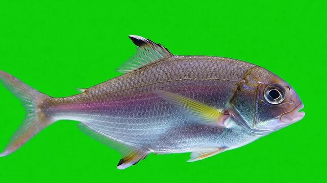 Silver pompano fish swimming in a group on a green screen background footage