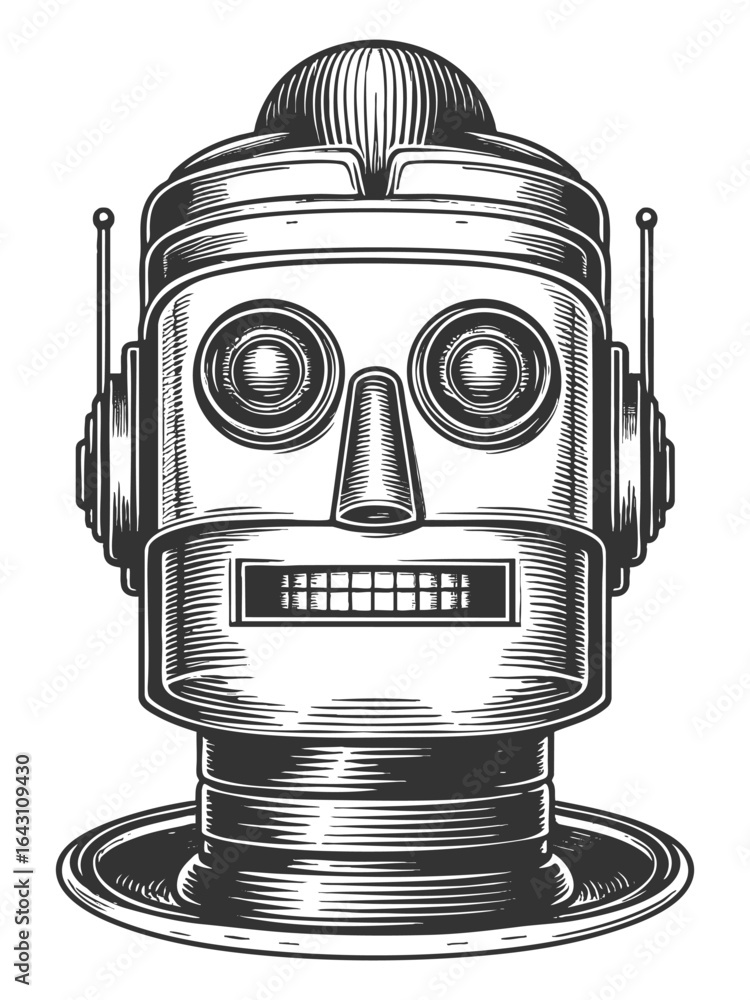 Poster cheerful retro robot with antennas, ideal for sci-fi, tech nostalgia, or toy themes sketch engraving