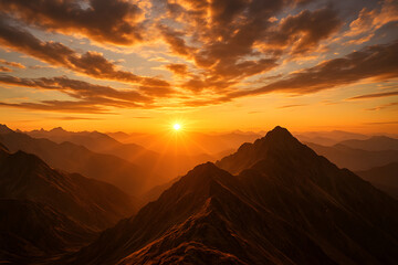Spectacular mountain vista at daybreak, warm light filtering through peaks and cloud formations, creating an