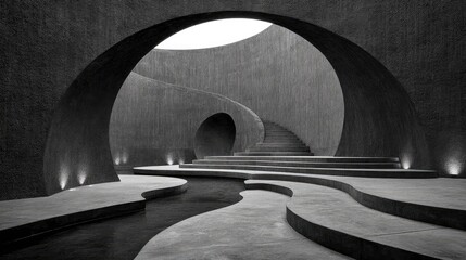 Dark, curved concrete architectural space with arches and stairs