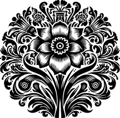 Narcissus Flower Solid Black Silhouette in Traditional Mexican Folk Art Style