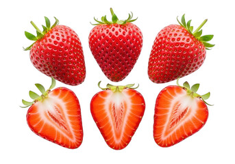 Six fresh strawberries, whole and halved, isolated on transparent background