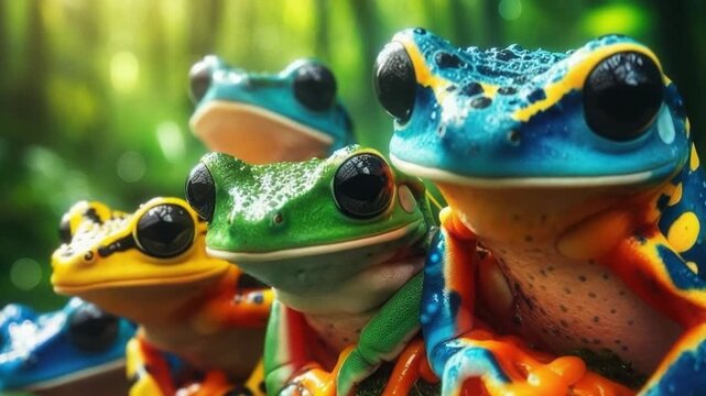 Four vivid frogs in bright colors gather on a branch surrounded by lush greenery. Their striking patterns stand out in the warm sunlight filtering through foliage