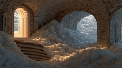 Stone archway, cloud-filled hallway, golden light