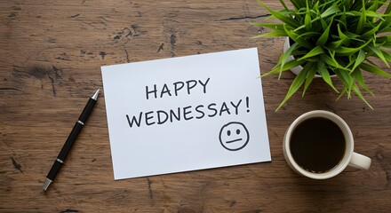 Happy Wednesday Note with Coffee Cup on Wooden Table, Morning Motivation Concept