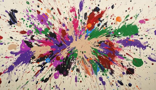 Abstract expressionism painting, vibrant splashes of light blue, green, red, and beige paint exploding from the center, dynamic paint splatter effect on a light beige canvas background
