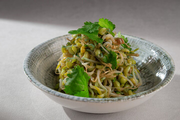 Traditional Korean side dish made from blanched soybean sprouts, sesame oil, garlic and fresh cilantro, served in a rustic ceramic bowl