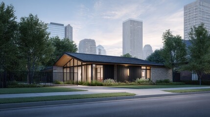 Obraz premium Modern home facade with city view.