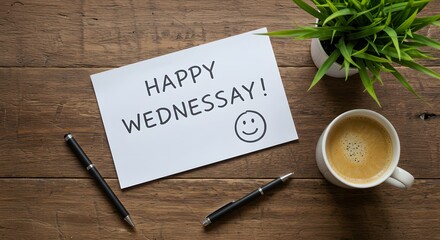 Happy Wednesday Note with Coffee Cup on Wooden Table, Morning Motivation Concept
