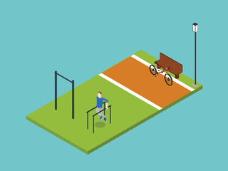 Man Exercising on Outdoor Fitness Equipment 3d flat vector illustrations