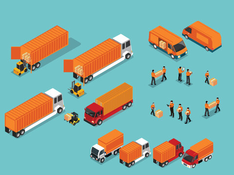 Fototapeta Logistics and Freight Transportation Isometric Icons Set 3d flat vector illustrations