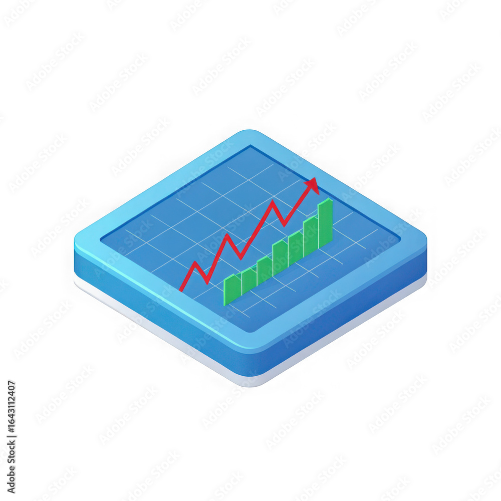 Poster isometric 3d blue financial data chart with rising red line graph and green bars isolated on transpa
