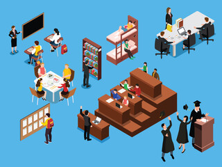 University Campus Life and Student Activities 3d flat vector illustrations