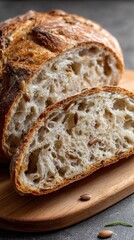 Sliced loaf of sunflower seed bread on wooden cutting board
